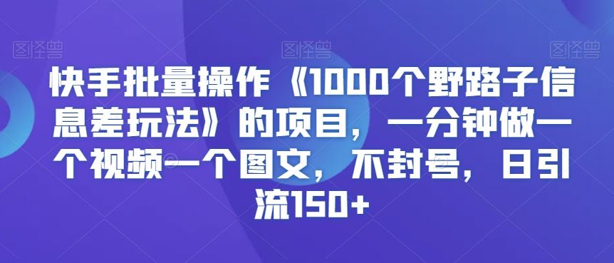 快手批量操作《1000个野路子信息差玩法》的项目，一分钟做一个视频一个图文，不封号，日引流150+【揭秘】-KJ分享