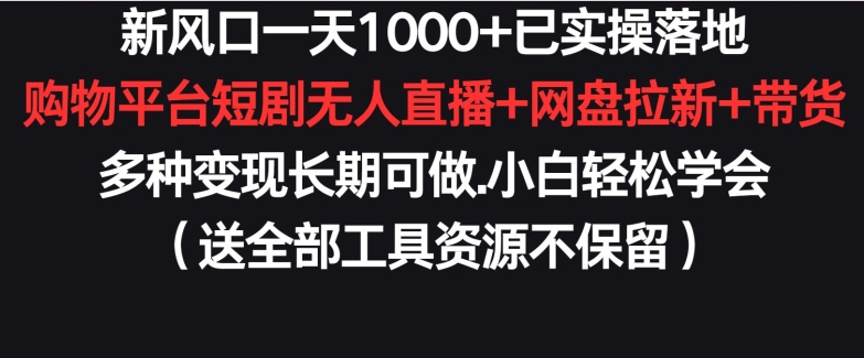 新风口一天1000+已实操落地购物平台短剧无人直播+网盘拉新+带货多种变现长期可做-KJ分享