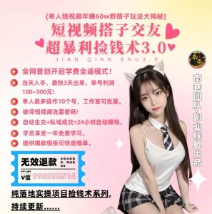 单人短视频年赚60w野路子玩法大揭秘，短视频搭子交友超暴利捡钱术3.0-KJ分享