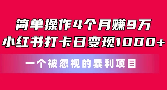 简单操作4个月赚9w，小红书打卡日变现1k，一个被忽视的暴力项目-KJ分享