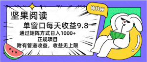 坚果阅读单窗口每天收益9.8通过矩阵方式日入1000+正规项目附有管道收益…-KJ分享