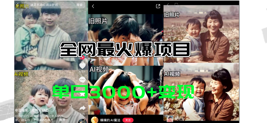 全网爆火的AI让老照片动起来教程，蹭热点日赚3000+，内含免费工具一键…-KJ分享