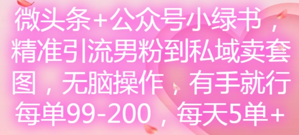 微头条+公众号小绿书，精准引流男粉到私域卖套图，无脑操作，有手就行，每单99-200，每天5单-KJ分享