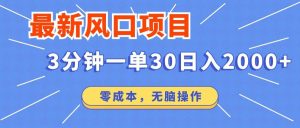 最新风口项目操作，3分钟一单30。日入2000左右，零成本，无脑操作。-KJ分享
