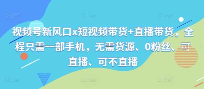视频号新风口x短视频带货+直播带货，全程只需一部手机，无需货源、0粉丝、可直播、可不直播-KJ分享