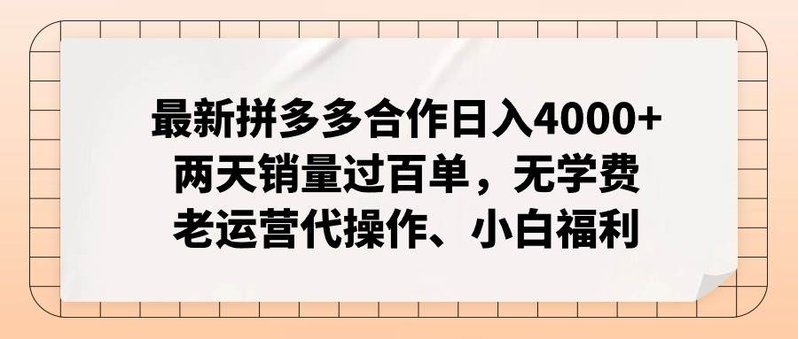 拼多多最新合作日入4000+两天销量过百单，无学费、老运营代操作、小白福利-KJ分享
