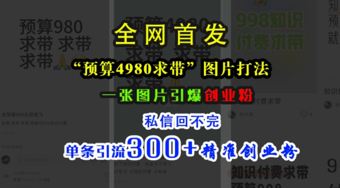 小红书“预算4980带我飞”图片打法，一张图片引爆创业粉，私信回不完，单条引流300+精准创业粉-KJ分享