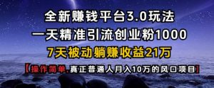 全新赚钱平台3.0玩法一天精准引流创业粉1000.7天被动躺Z收益21W【仅揭秘】-KJ分享
