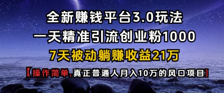 全新赚钱平台3.0玩法一天精准引流创业粉1000.7天被动躺Z收益21W【仅揭秘】-KJ分享