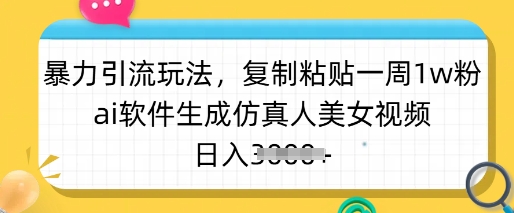 暴力引流玩法，复制粘贴一周1w粉，ai软件生成仿真人美女视频，日入多张-KJ分享