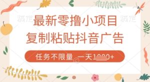 最新零撸小项目，复制粘贴抖音广告即可挣钱，平台大水，任务不限量，一天数张-KJ分享