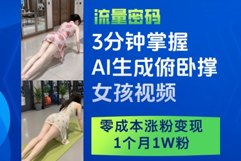 3分钟掌握AI生成俯卧撑女孩视频，零成本涨粉变现，1个月1W粉-KJ分享