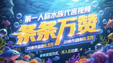 第一人称水族代言视频，条条万赞，20条作品涨粉7.8W，多种变现方式月入五位数-KJ分享