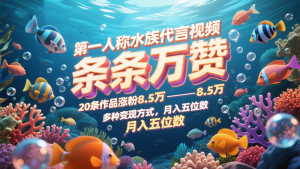 第一人称水族代言视频，条条万赞，20条作品涨粉8.5万，多种变现方式月，入五位数-KJ分享