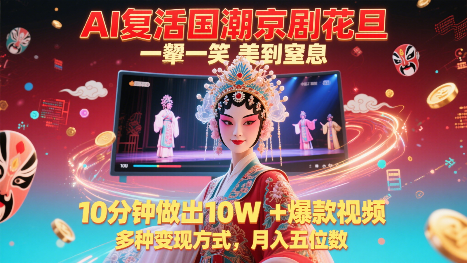 AI复活国潮京剧花旦，一颦一笑美到窒息，10分钟做出10W+爆款视频，多种变现方式-KJ分享