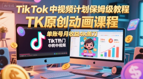 TikTok中视频计划保姆级教程，TK原创动画课程，单账号月收益4k美刀-KJ分享