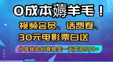 0成本薅羊毛!视频会员、话费卷、30元电影票白送，分享我如何靠转卖一天变现5张+-KJ分享