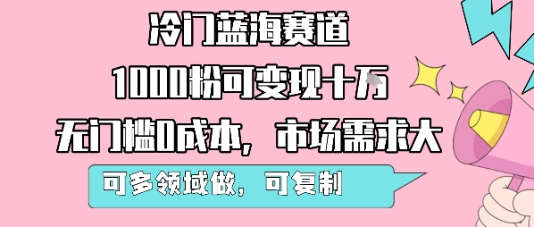 冷门蓝海赛道，1000粉可变现十W，无门槛0成本，市场需求大，可多领域做，可复制性强-KJ分享