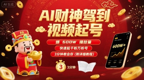 AI财神驾到视频起号，爆600W播放量，快速起千粉万粉号，3分钟教会你(附详细教程)-KJ分享