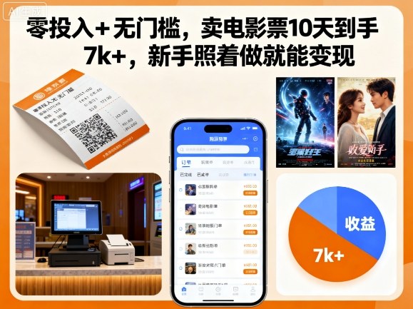 零投入+无门槛，卖电影票10天到手7k+，新手照着做就能变现-KJ分享