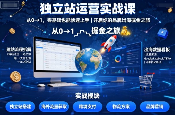 独立站运营实战课，​从0到1，零基础也能快速上手，开启你的品牌出海掘金之旅-KJ分享
