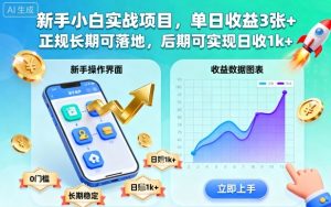 新手小白实战项目,单日收益3张+,正规长期可落地,后期可实现日收1k+-KJ分享