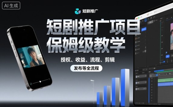 短剧推广项目保姆级教学，授权、收益、流程、剪辑，发布等全流程-KJ分享