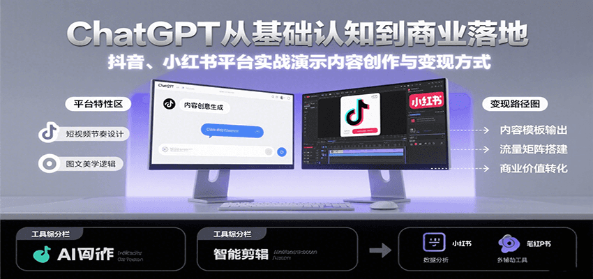 ChatGPT从基础认知到商业落地，实战演示抖音、小红书等平台的内容创作与变现-KJ分享
