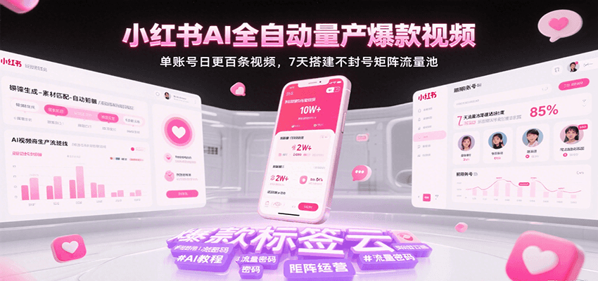 小红书AI全自动量产爆款视频，单账号日更百条视频，7天搭建不封号矩阵流量池-KJ分享