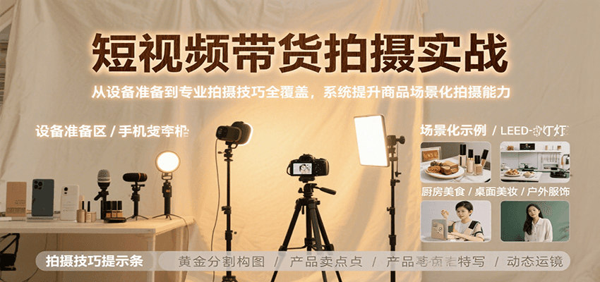 短视频带货拍摄实战，从设备准备到专业拍摄技巧全覆盖，系统提升商品场景化拍摄能力-KJ分享