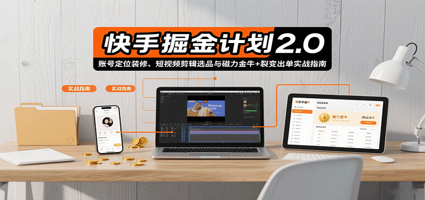 快手掘金计划2.0，账号定位装修、短视频剪辑选品与磁力金牛+裂变出单实战指南-KJ分享