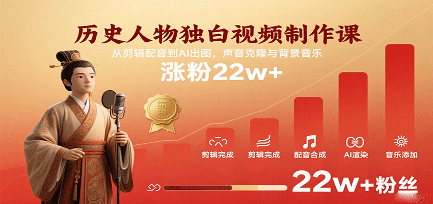 历史人物独白视频制作课，从剪辑配音到AI出图，声音克隆与背景音乐，涨粉22w+-KJ分享