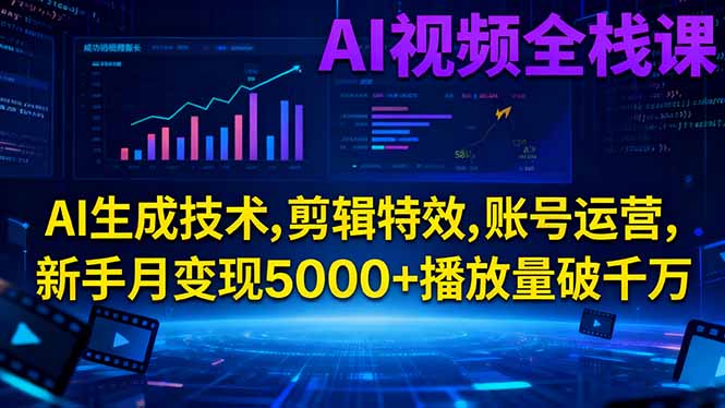 AI视频全栈课:AI生成技术,剪辑特效,账号运营,新手月变现5000+播放量破千万-KJ分享
