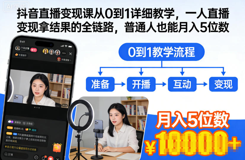 抖音直播变现课从0到1详细教学，一人直播变现拿结果的全链路，普通人也能月入5位数-KJ分享