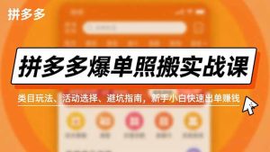 拼多多爆单照搬实战课，类目玩法、活动选择、避坑指南，新手小白快速出单赚钱-KJ分享