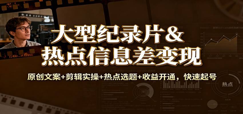 大型纪录片&热点信息差变现：原创文案+剪辑实操+热点选题+收益开通，快速起号-KJ分享