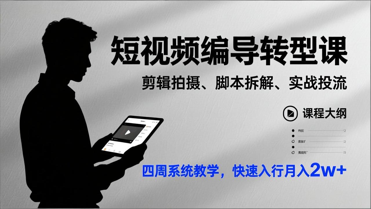 短视频编导转型课，剪辑拍摄、脚本拆解、实战投流，四周系统教学，快速入行月入2w+-KJ分享