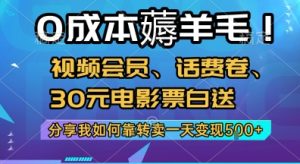 0成本薅羊毛!视频会员、话费卷、30元电影票白送,分享我如何靠转卖一天变现5张+-KJ分享