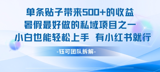 单条贴子带来5张的收益，暑假最好做的私域项目之一，小白也能轻松上手，有小红书就行-KJ分享