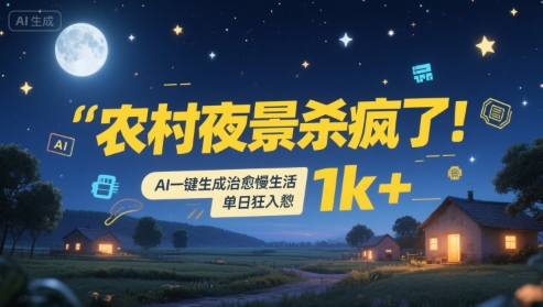 农村夜景杀疯了!AI一键生成治愈系慢生活,单日狂入1k+-KJ分享
