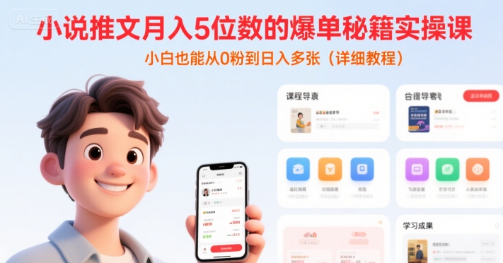 小说推文月入5位数的爆单秘籍实操课，，小白也能从0粉到日入多张(详细教程)-KJ分享
