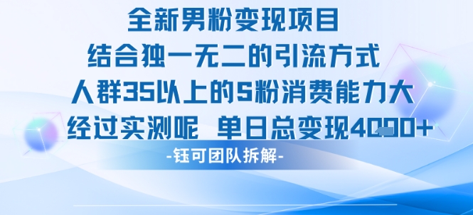 全新男粉变现项目引流人群35以上的男粉消费能力大 经过实测单日变现1k+-KJ分享