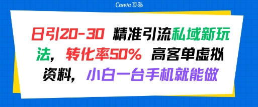 日引 20-30 精准引流私域新玩法，转化率50% 高客单虚拟资料，小白一台手机就能做-KJ分享