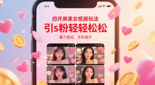 四开屏美女视频玩法，引s粉轻轻松松，暴力掘金，手机操作-KJ分享