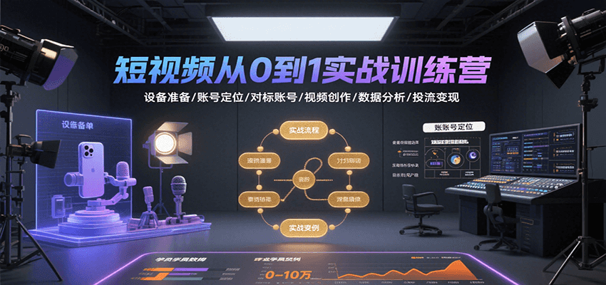 短视频从0到1实战训练营：设备准备/账号定位/对标账号/视频创作/数据分析/投流变现-KJ分享