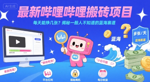 最新哔哩哔哩上B站搬砖项目，每天能挣几张？揭秘一般人不知道的蓝海赛道-KJ分享