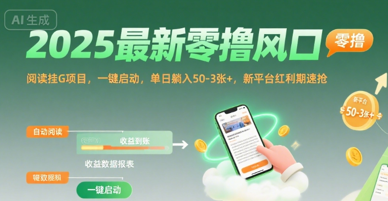 2025最新零撸风口，阅读挂G项目，一键启动，单日躺入 50-3张+，新平台红利期速抢-KJ分享