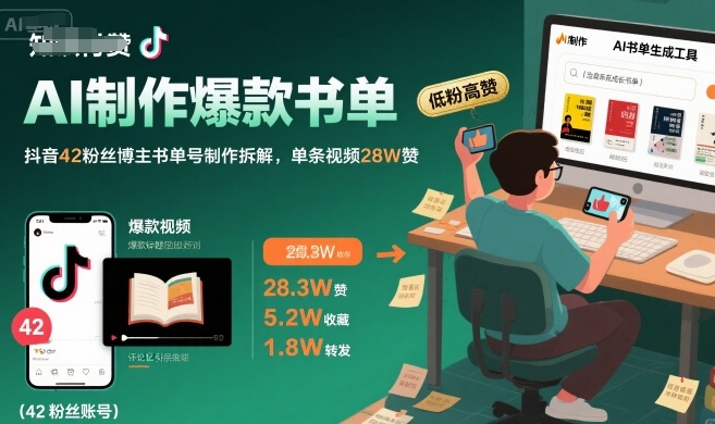 AI制作爆款书单，抖音42粉丝博主书单号制作拆解，单条视频28W赞-KJ分享