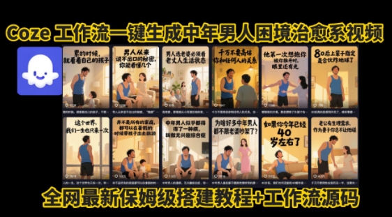 coze工作流一键生成”中年男人困境扎心高涨粉高播放量图文视频”保姆级拆解教程，无需剪辑，无需拍摄写文案-KJ分享