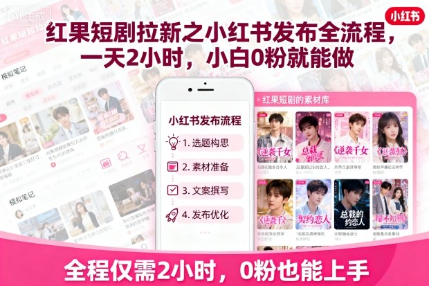 红果短剧拉新之小红书发布全流程，一天2小时，小白0粉就能做-KJ分享